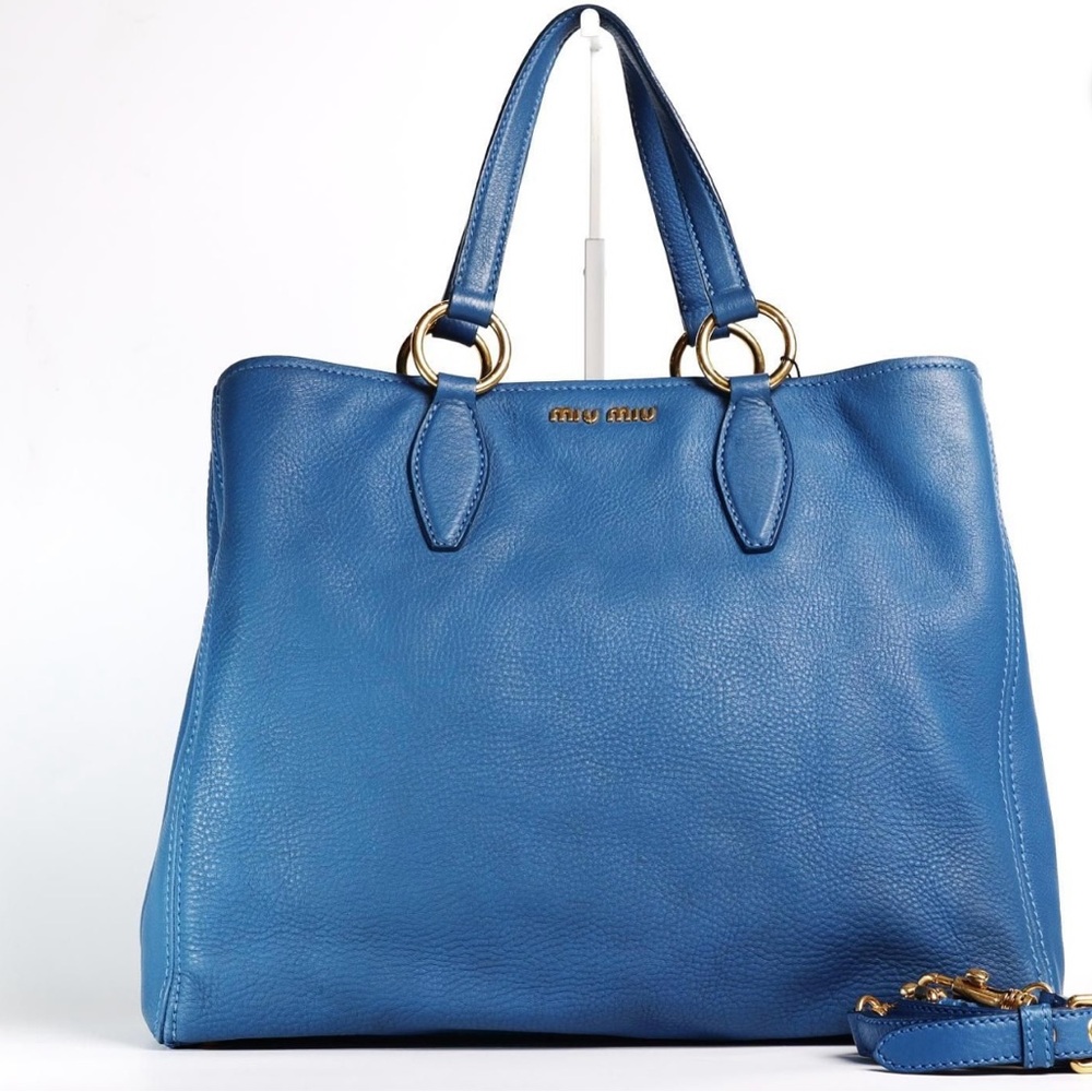 Authentic Miu Miu Blue Leather Tote Bag with COA